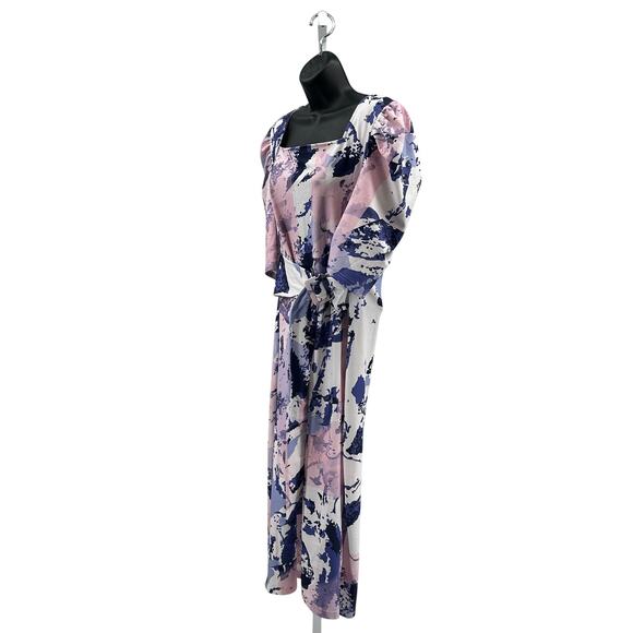 Shein Curve Midi Dress Womens 2XL Pink Blue Abstract Print Puff Sleeve Belted - Picture 4 of 9